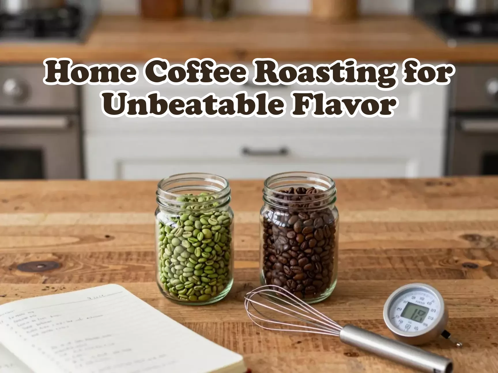 Green beans roasted beans jars whisk log thermometer countertop main