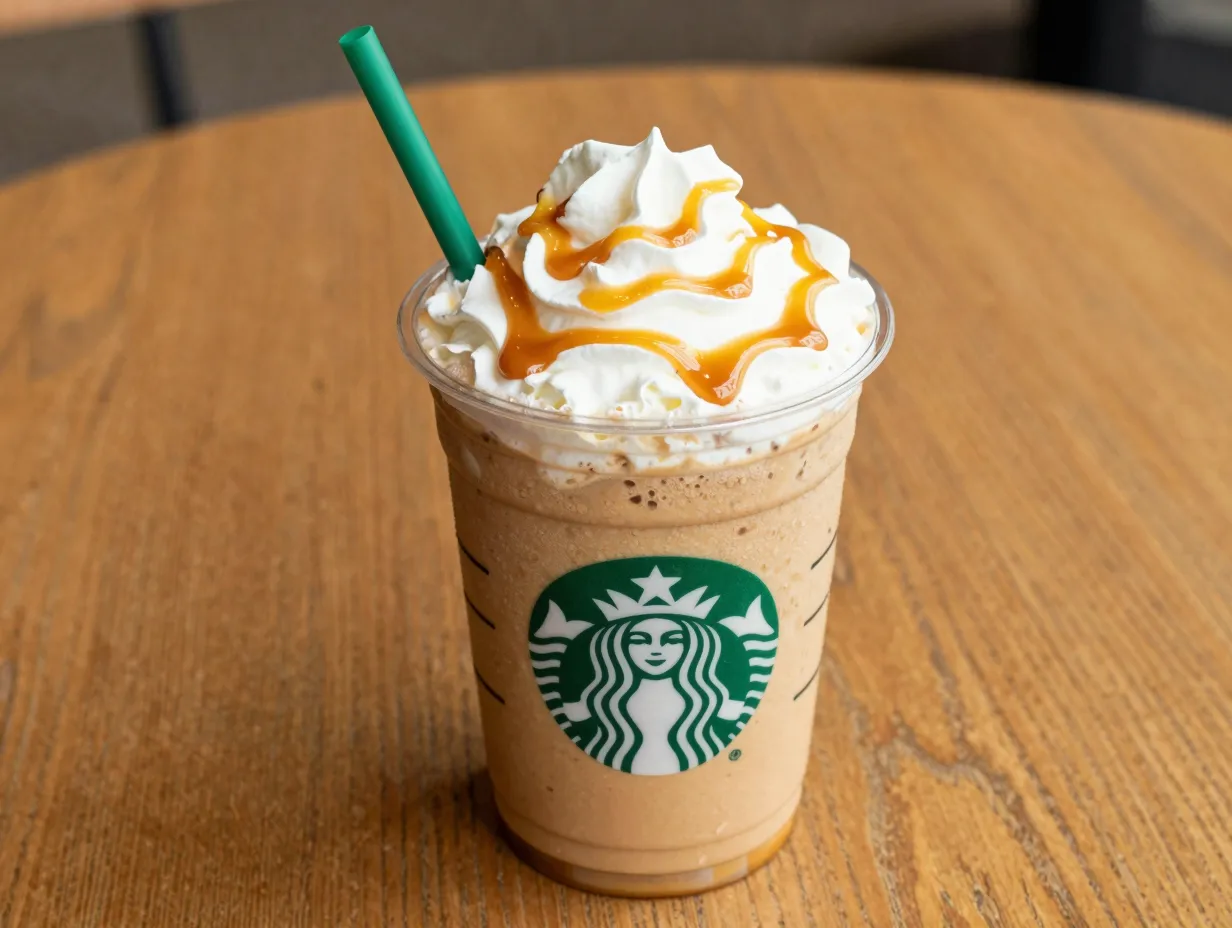 Classic caramel frappuccino in clear cup on wooden table