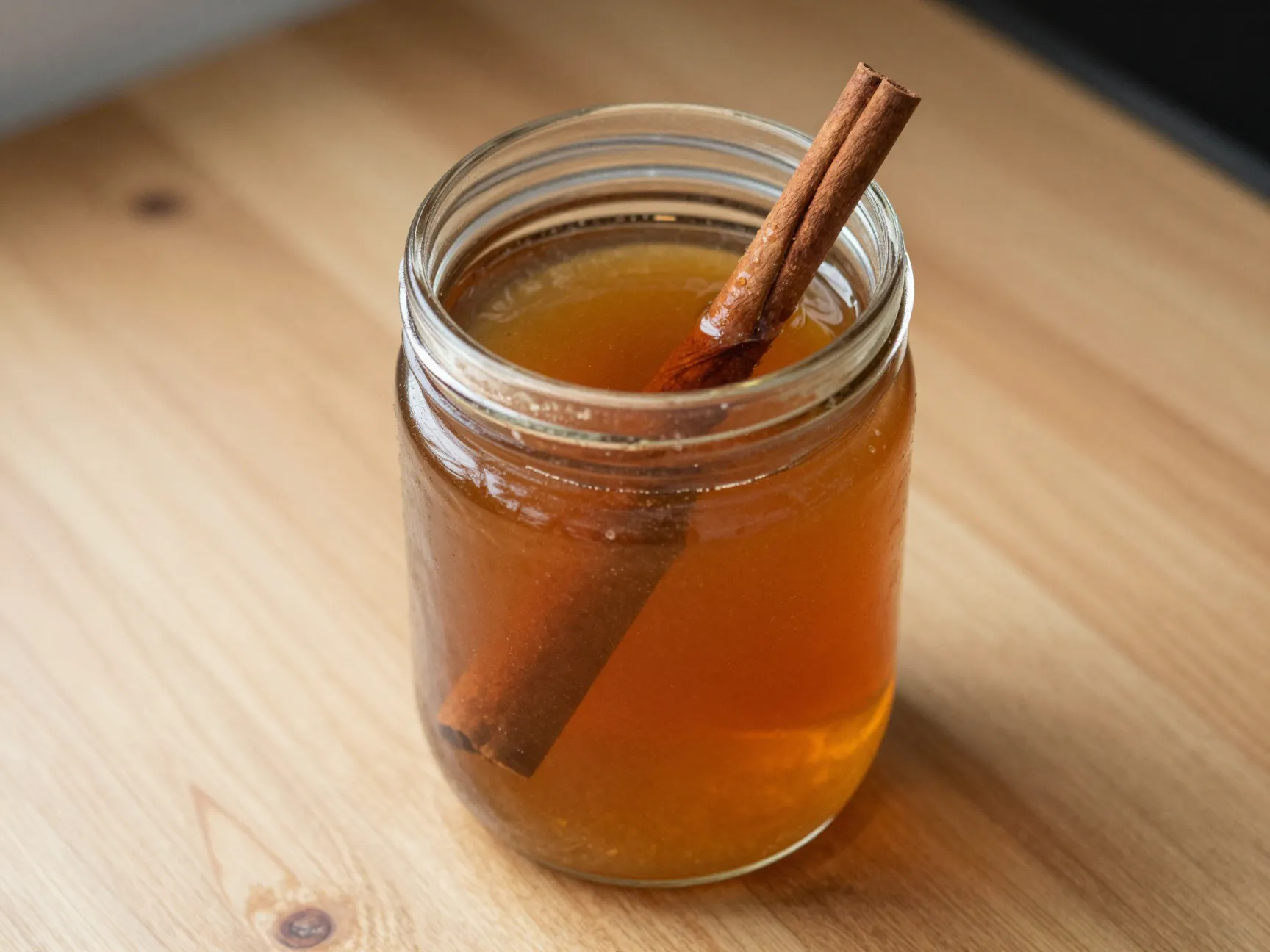 Classic homemade brown sugar cinnamon syrup in glass jar on kitchen counter