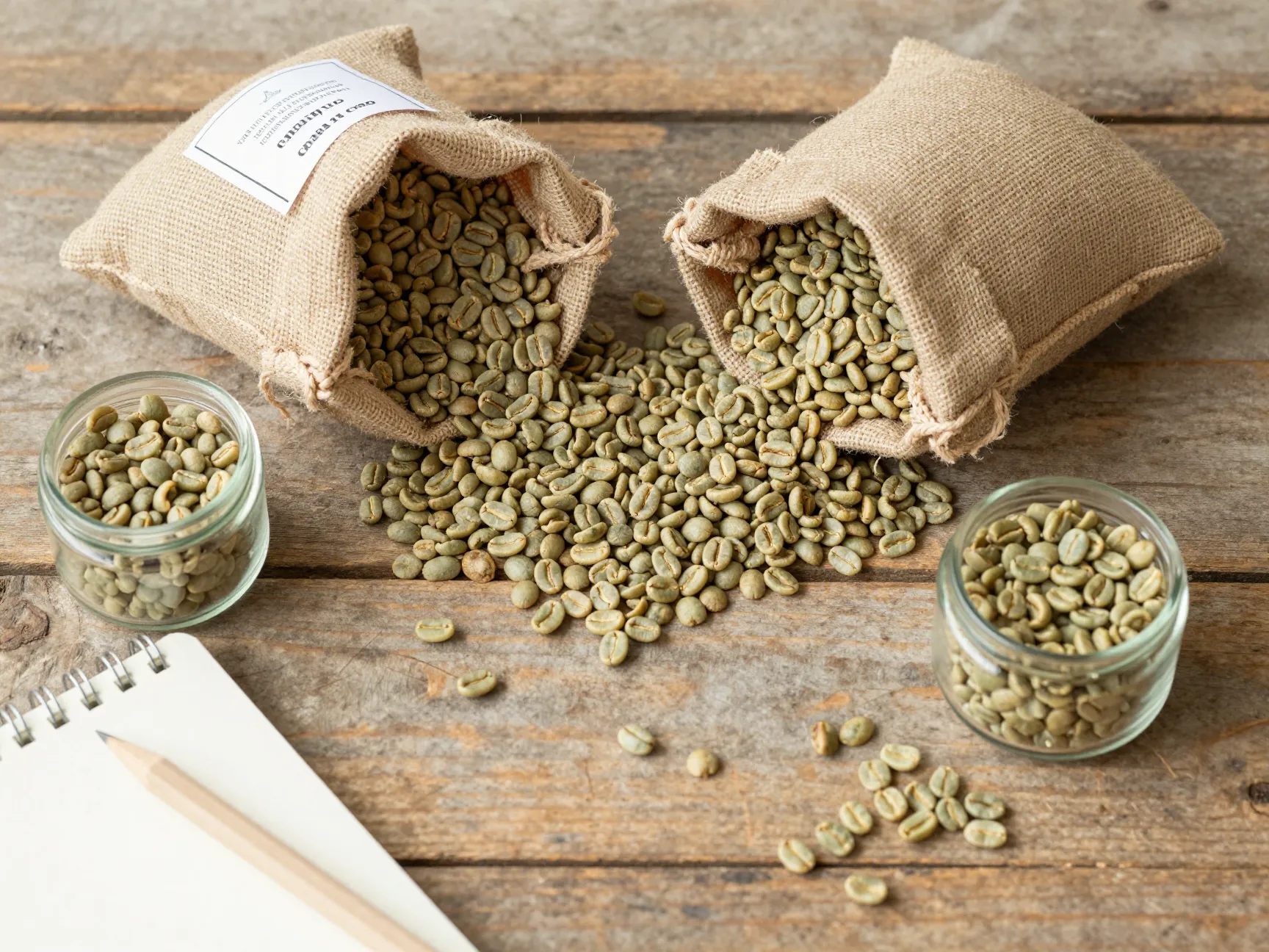 Quality green coffee beans arranged on rustic wood single origin selection
