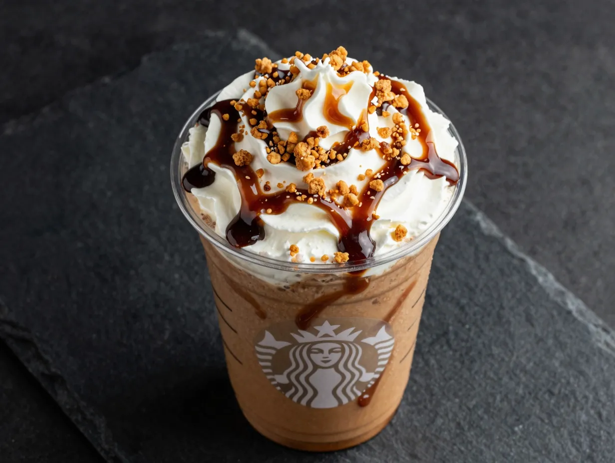 Caramel ribbon crunch frappuccino with dark sauce and crunchy topping