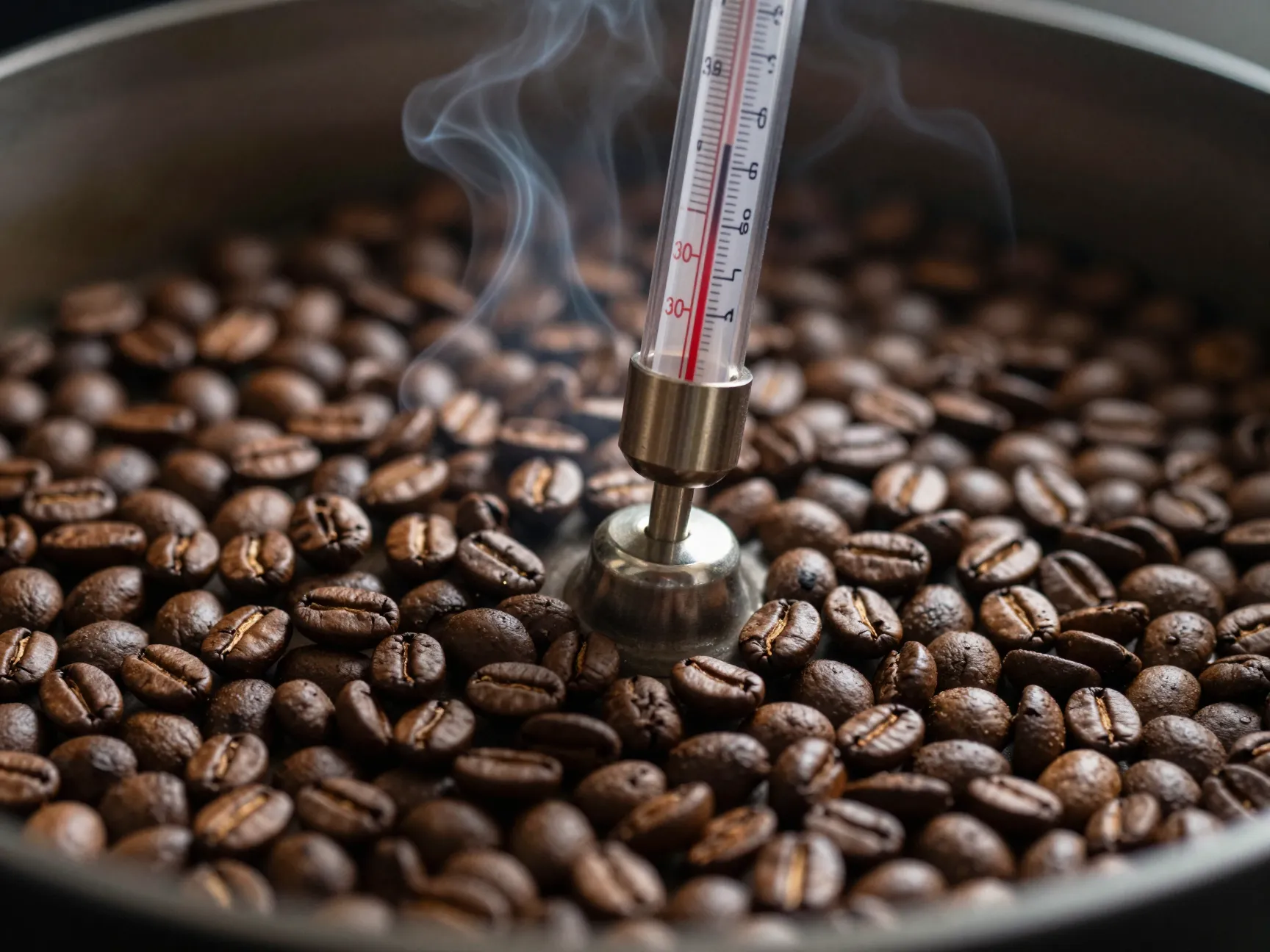 Closeup thermometer probe in hot coffee beans during roasting process