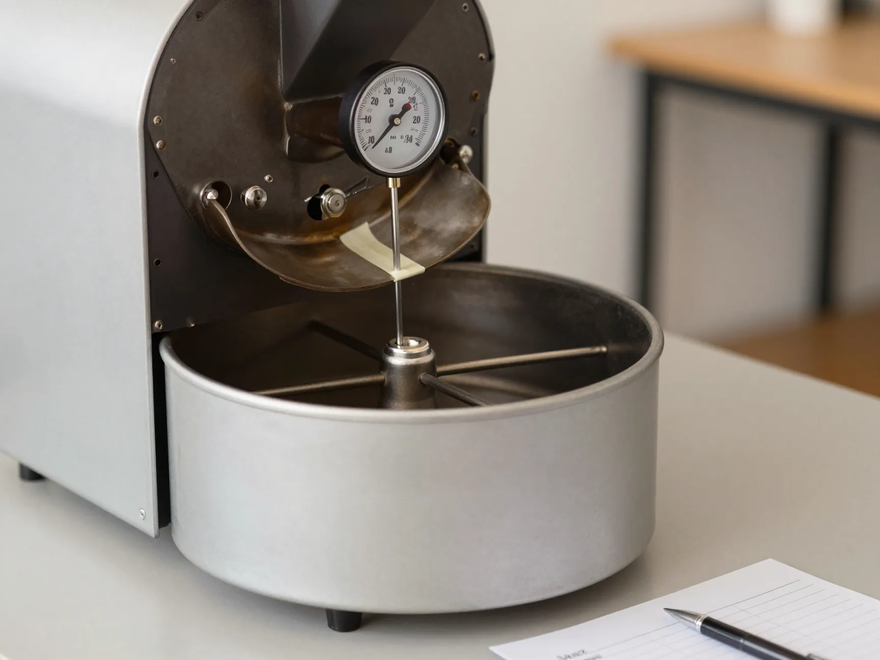 Marked thermometer probe positioned consistently in home drum roaster