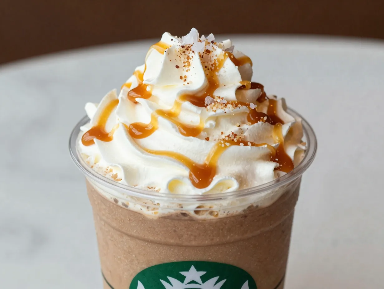 Salted caramel mocha frappuccino with sea salt sprinkle on whipped cream