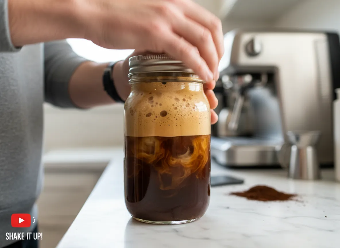 Youtube inspired vigorous shake with mason jar creating frothy espresso