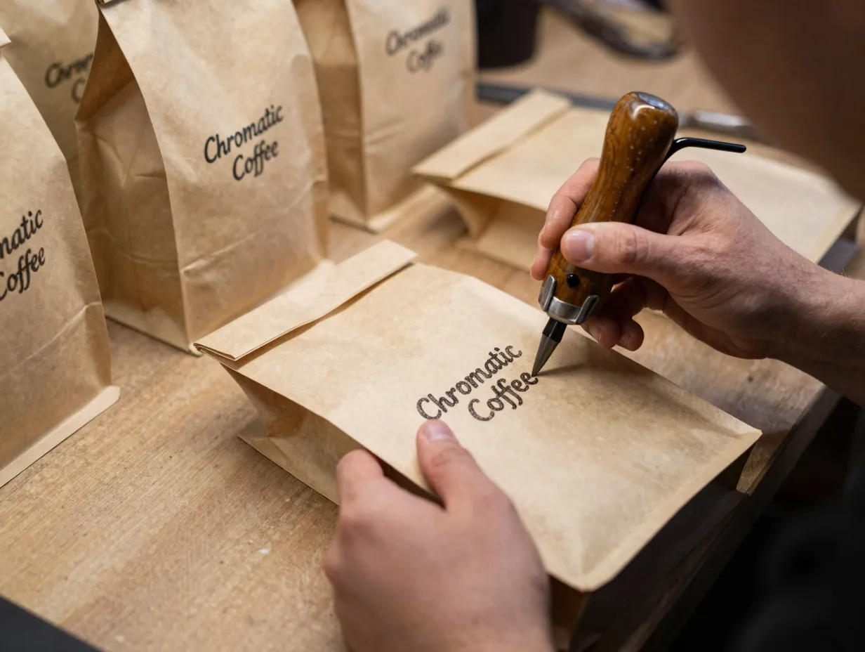 Chromatic coffee hand stamped artisanal bag diy production
