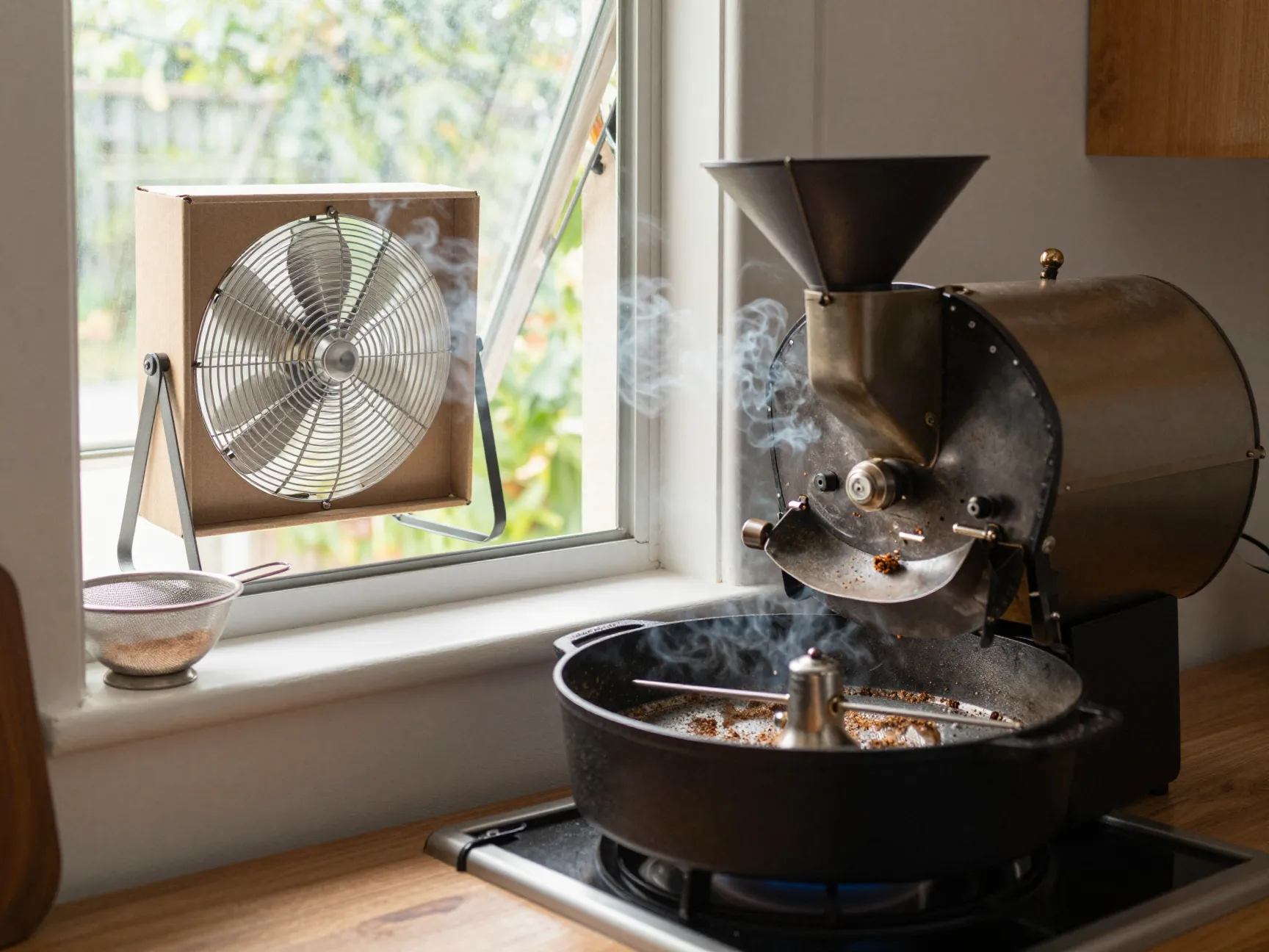 Home coffee roasting setup near open window with box fan ventilation