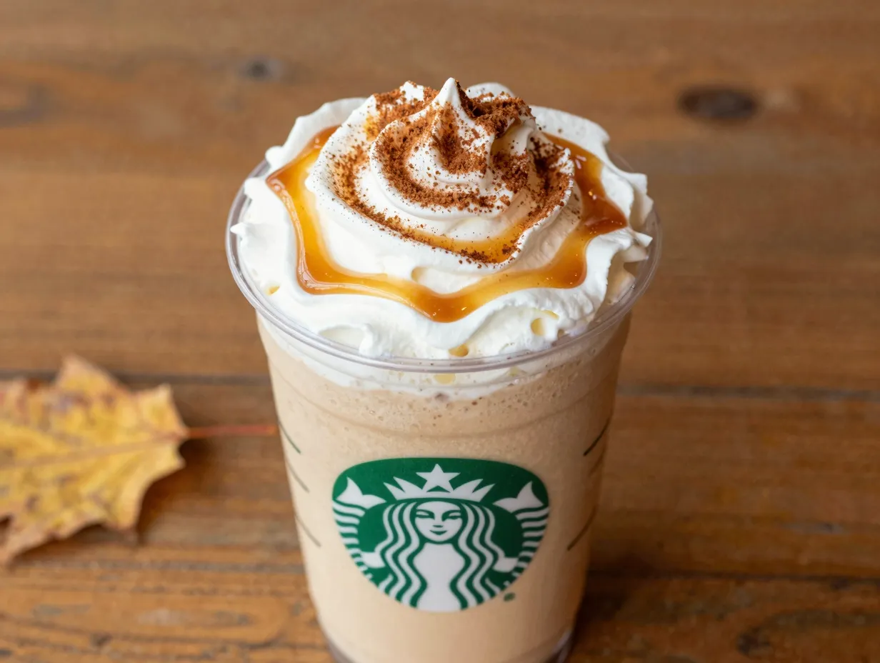Caramel apple spice frappuccino with cinnamon dusting on whipped cream
