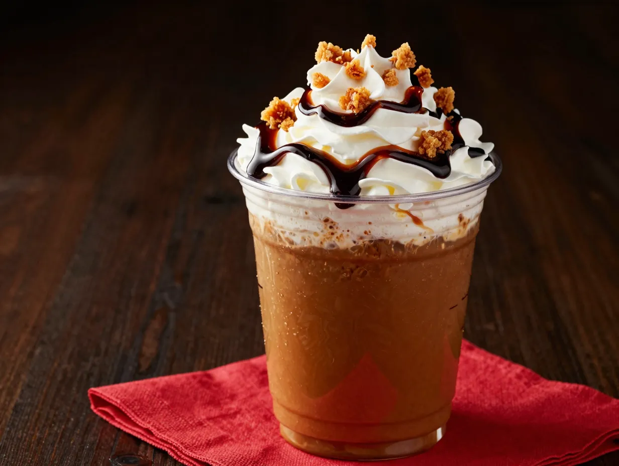Caramel brulee frappuccino with deep caramelized sauce and toffee topping