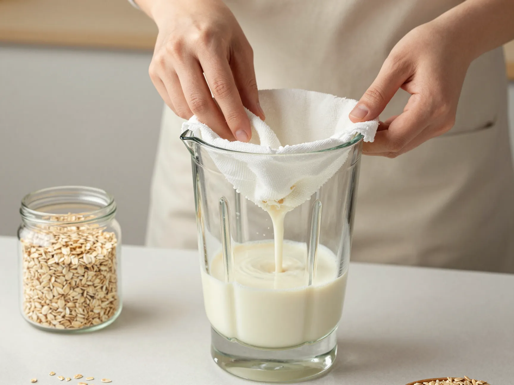 Homemade oat milk upgrade with blender and cheesecloth straining process