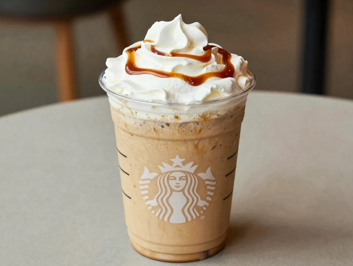Caramel macchiato frappuccino with blended espresso shots visible