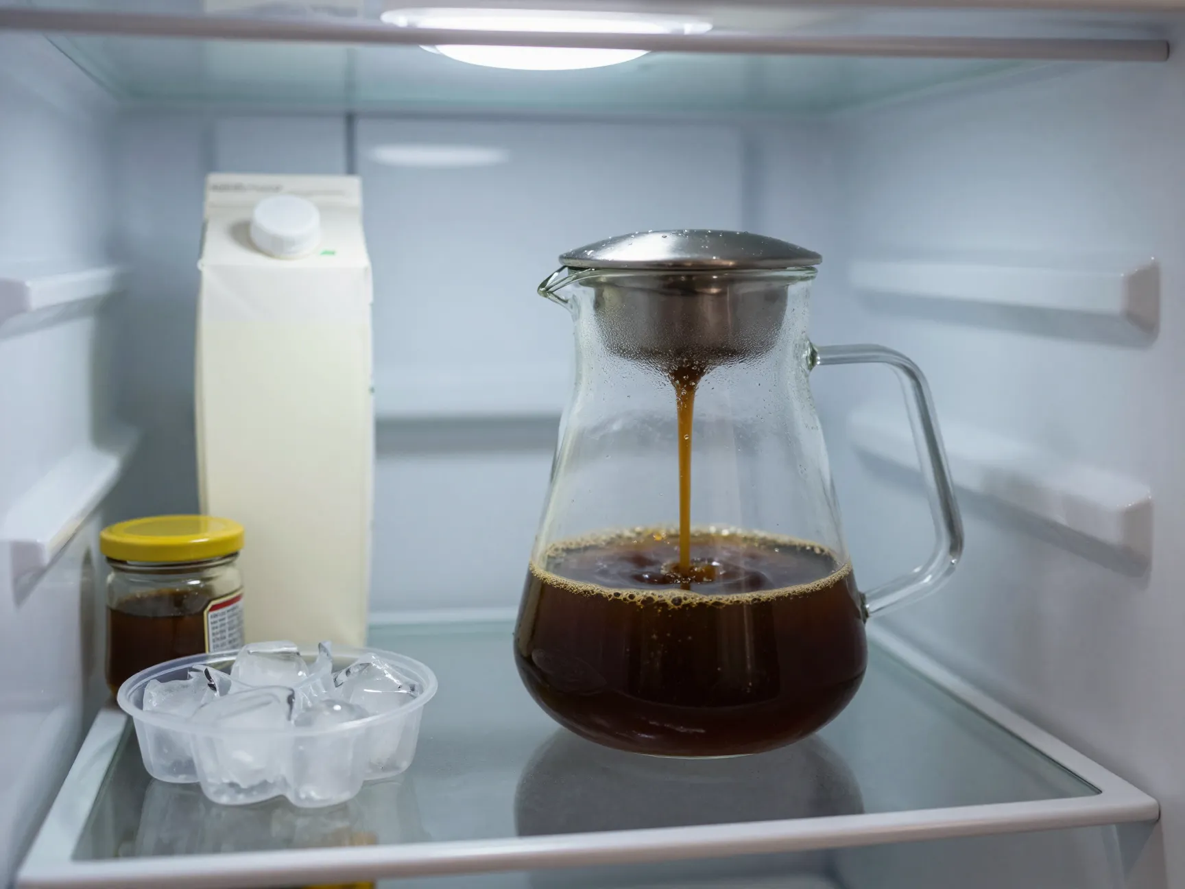 Cooled espresso method with batch brewing in carafe in refrigerator