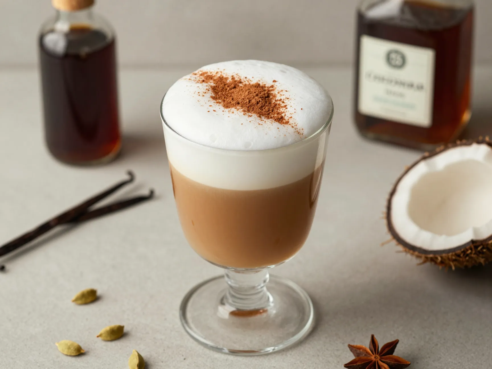 Fully customized dairy free drink with coconut oat milk and cardamom