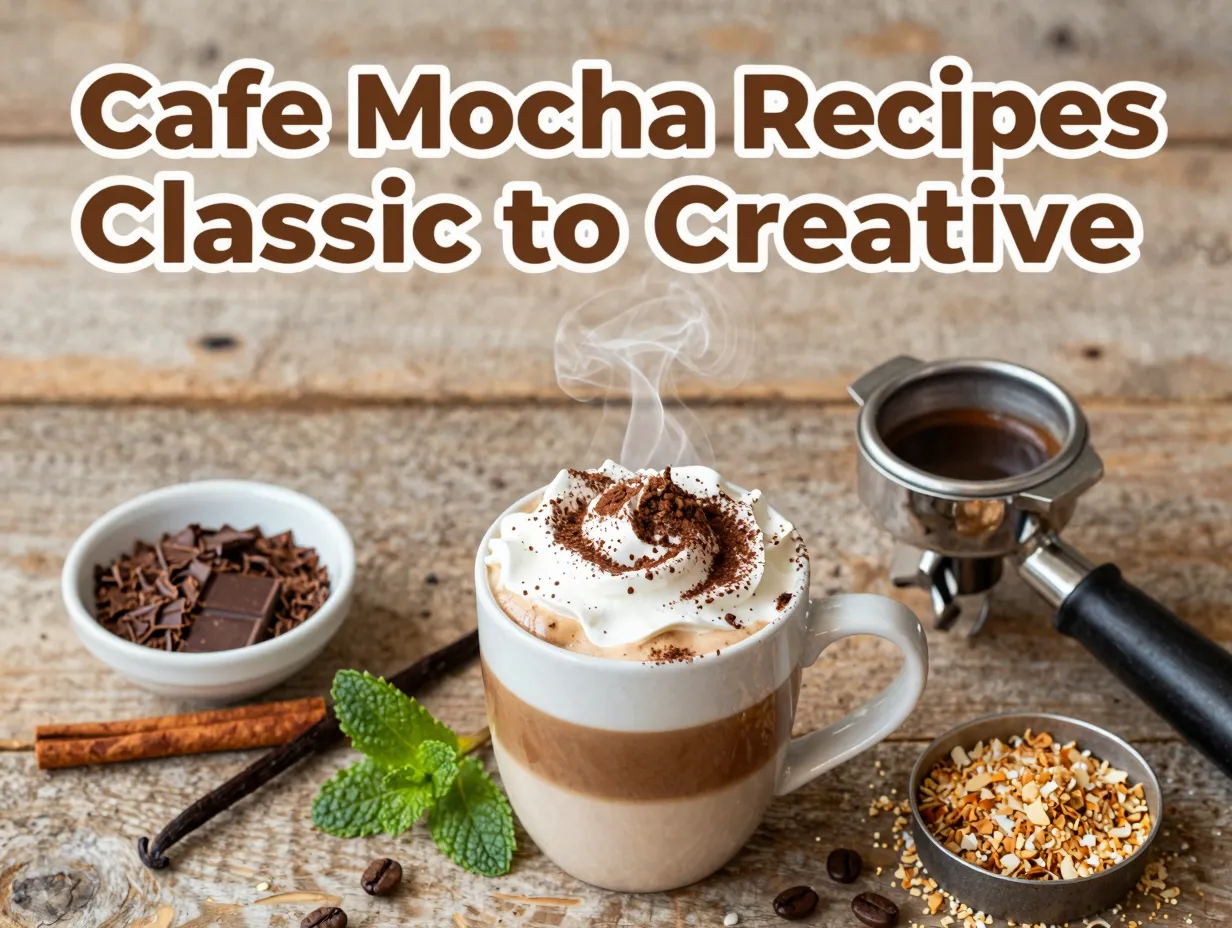 Flat lay coffee mocha mug surrounded by premium gourmet ingredients on wood