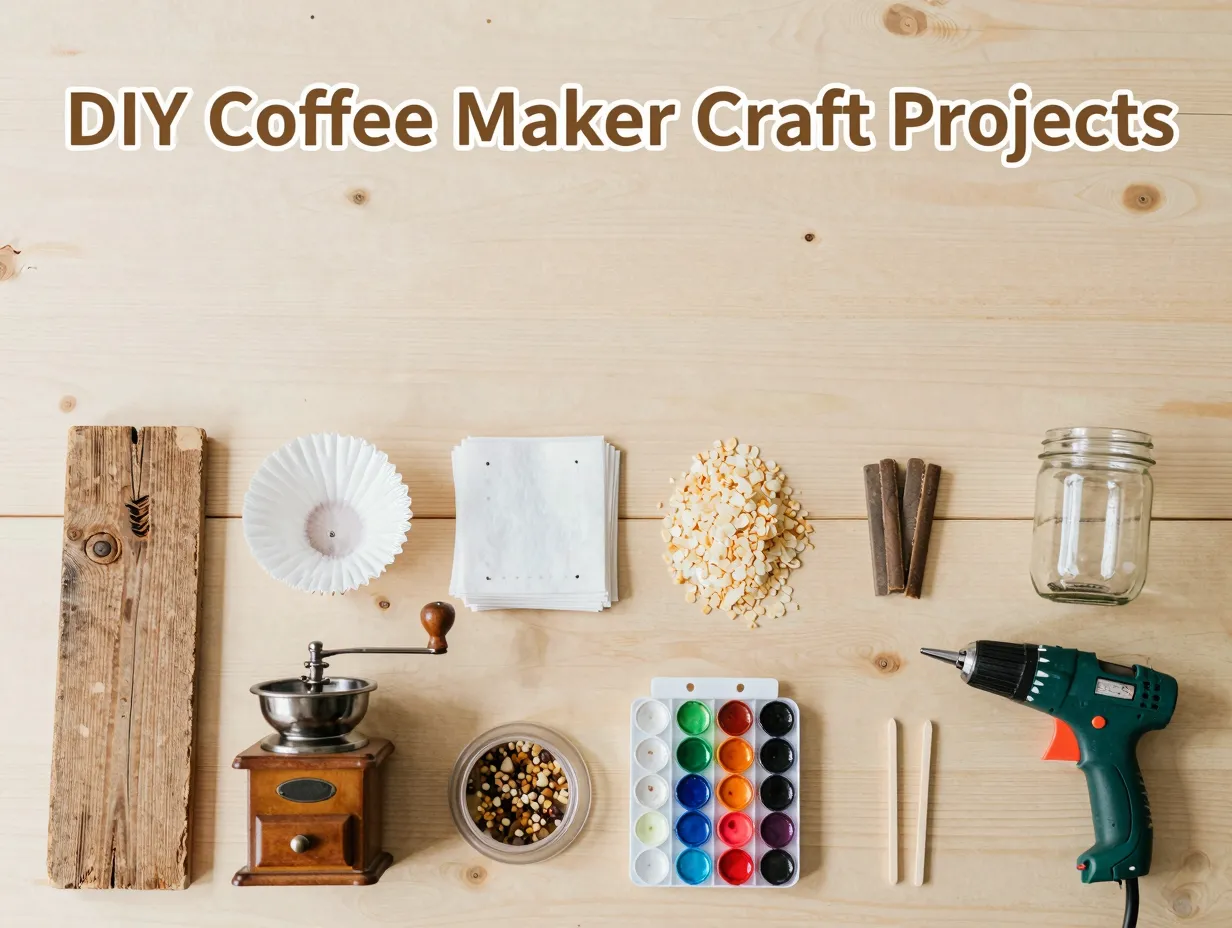 Flat lay diy coffee craft supplies reclaimed wood filters tools