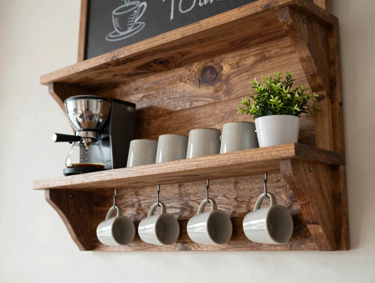 Rustic reclaimed wood wall mounted coffee bar with shelves and hooks
