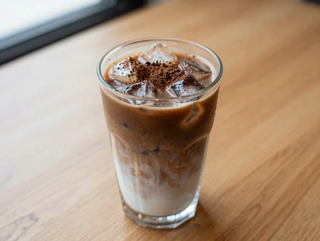 Tall glass iced mocha latte with chocolate espresso milk and ice