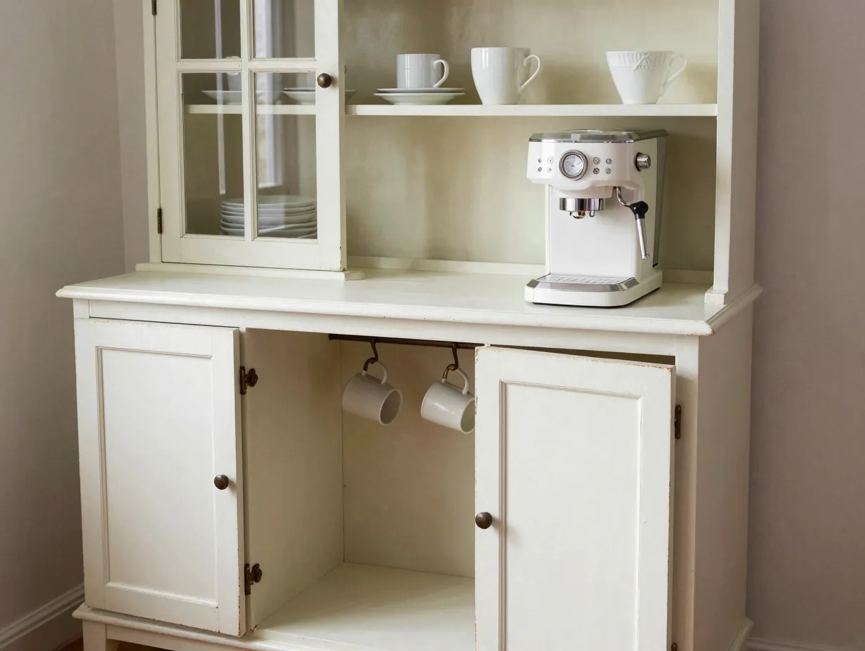 Vintage cabinet conversion coffee station with chalk white paint and mug hooks