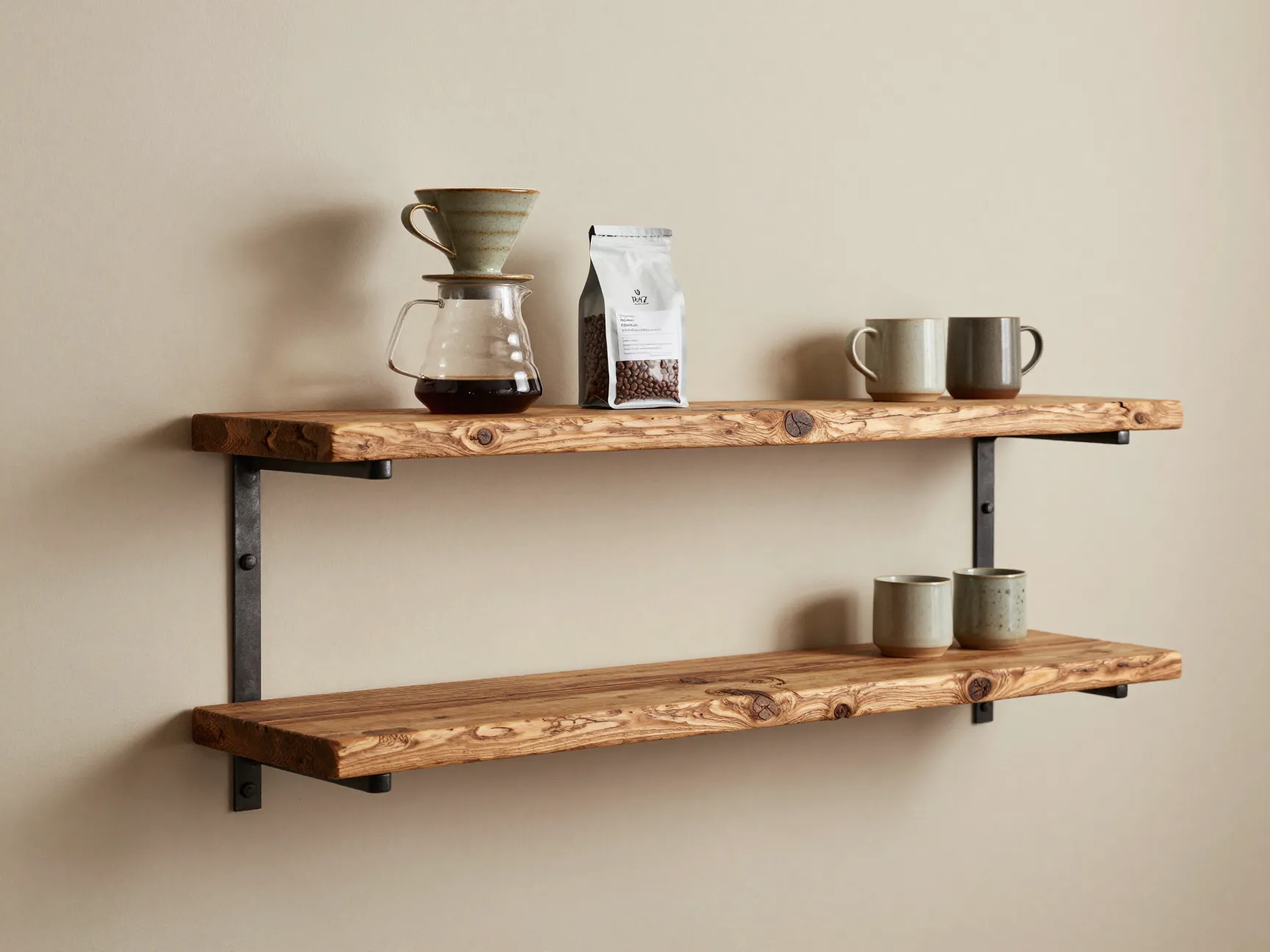Floating barn wood shelf coffee bar with iron pipe brackets and pour over setup