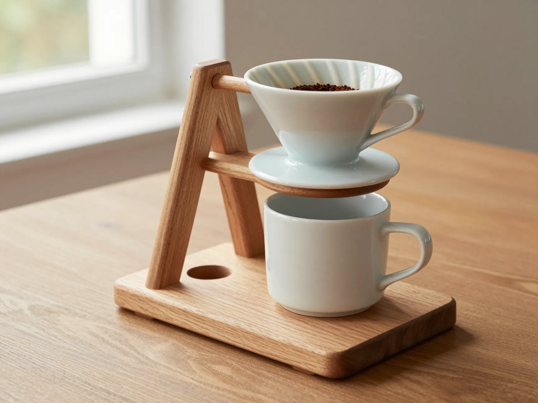 Handcrafted wooden a frame pour over coffee stand holding ceramic dripper