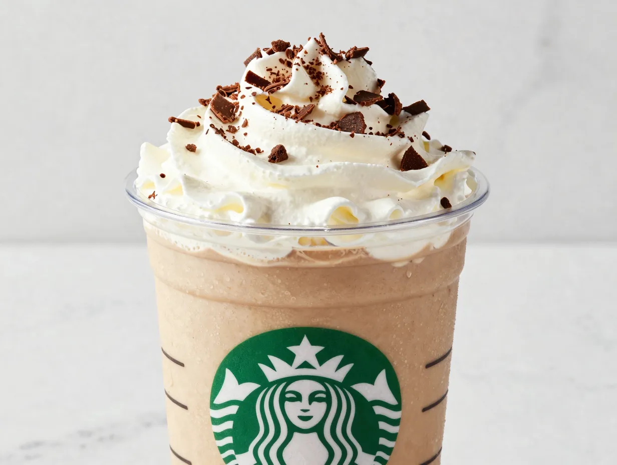 White chocolate mocha topped with whipped cream and chocolate shavings