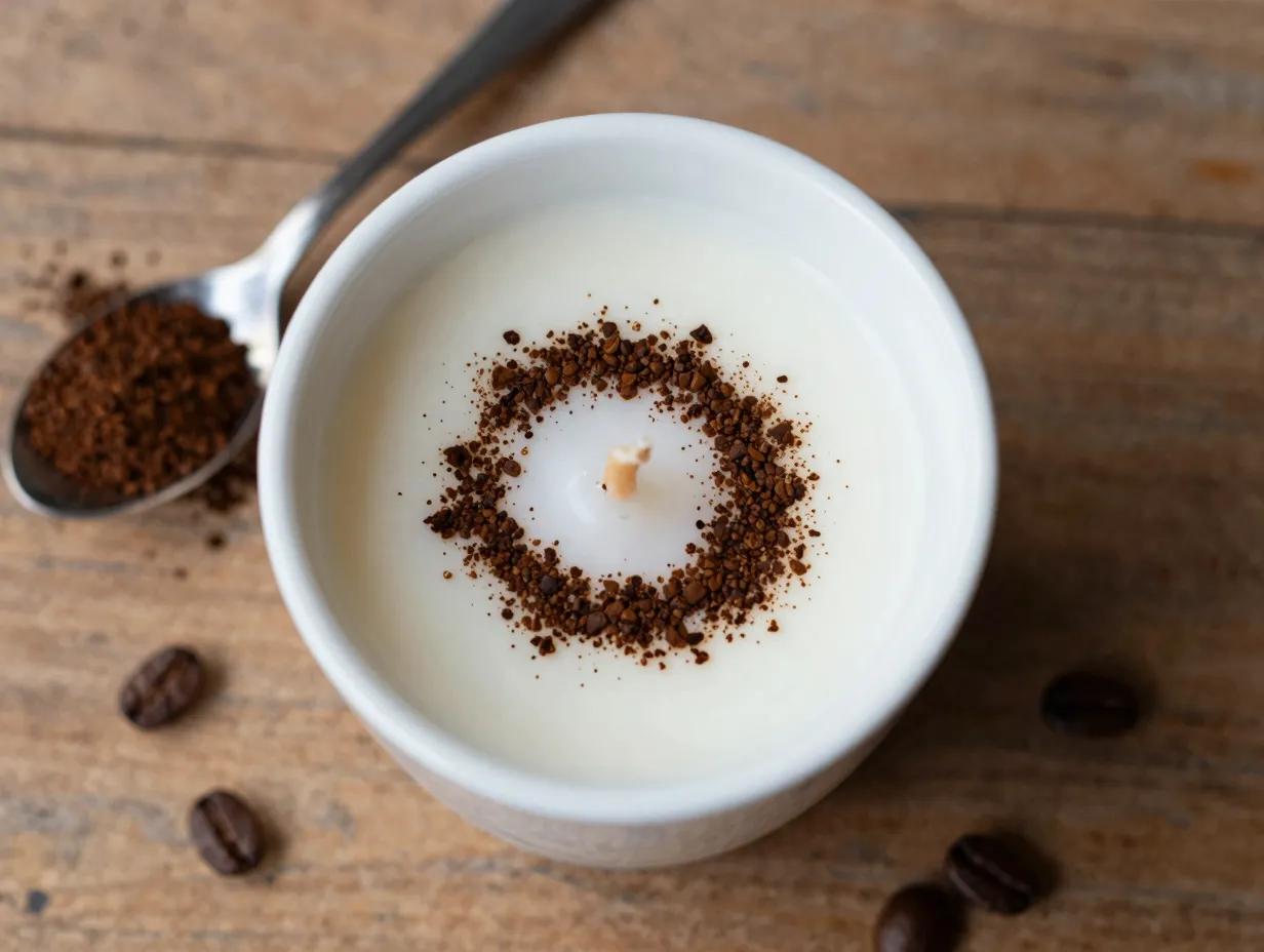 Coffee scented soy wax candle in white espresso cup with visible grounds