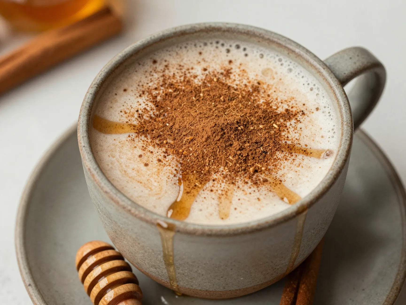 Honey cinnamon mocha in mug with ground cinnamon dusting