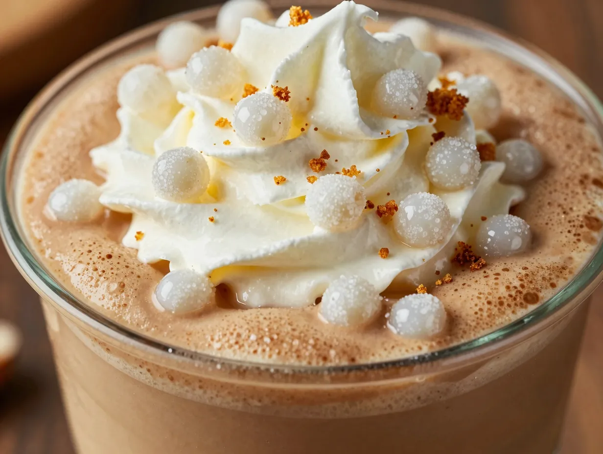 Toasted white chocolate mocha with whipped cream and crispy sugar pearls