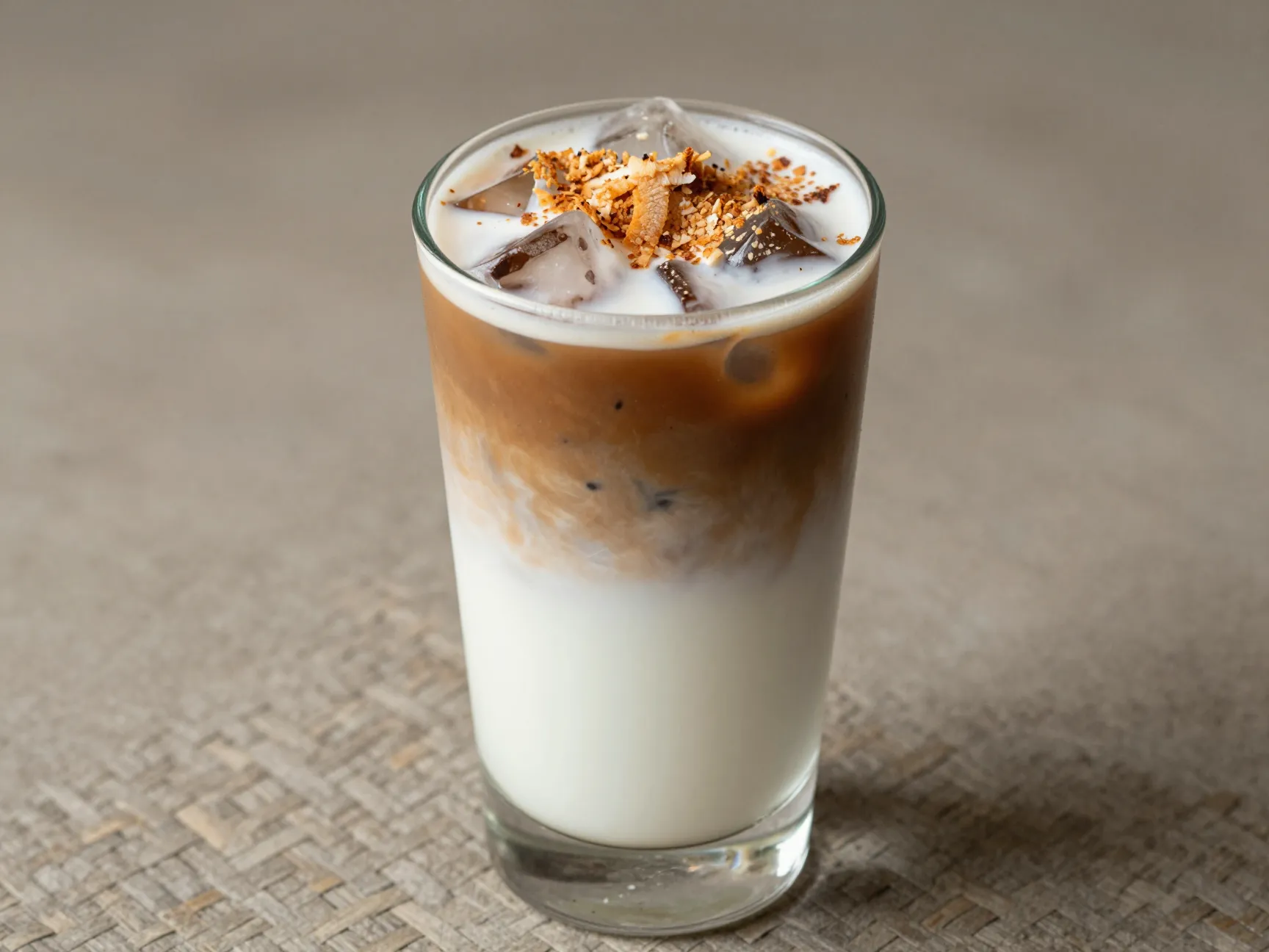 Iced coconut mocha in glass with toasted coconut flakes garnish