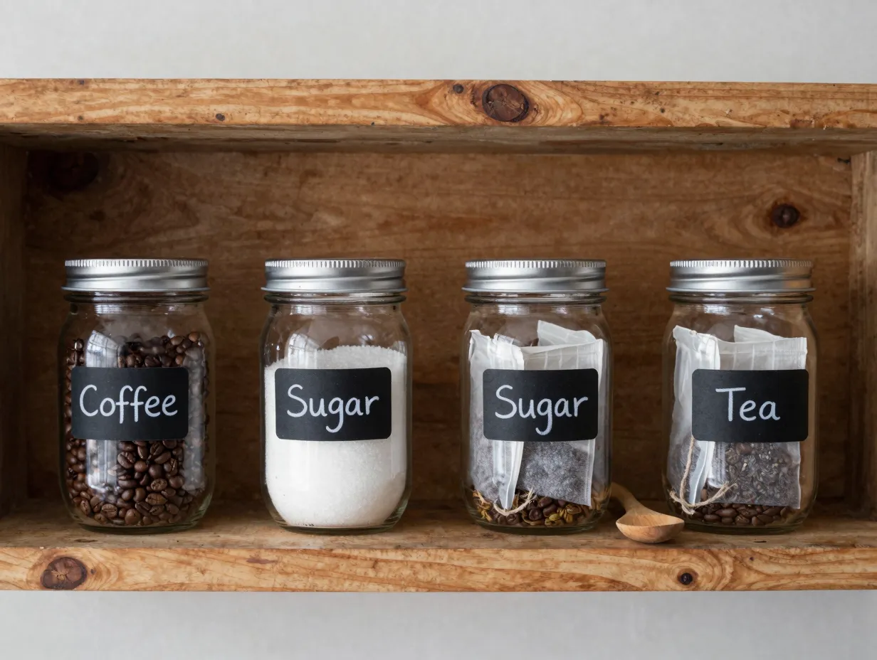 Mason jar storage system on a reclaimed wood shelf with chalkboard labels