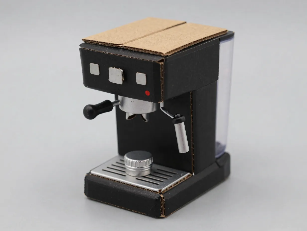 Miniature realistic black and silver cardboard model coffee maker