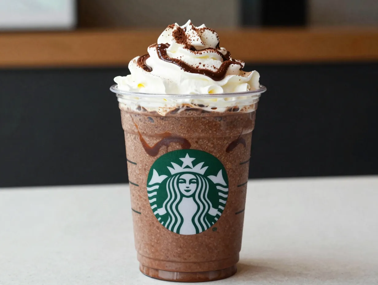 Mocha frappuccino blended drink with mocha drizzle in clear cup