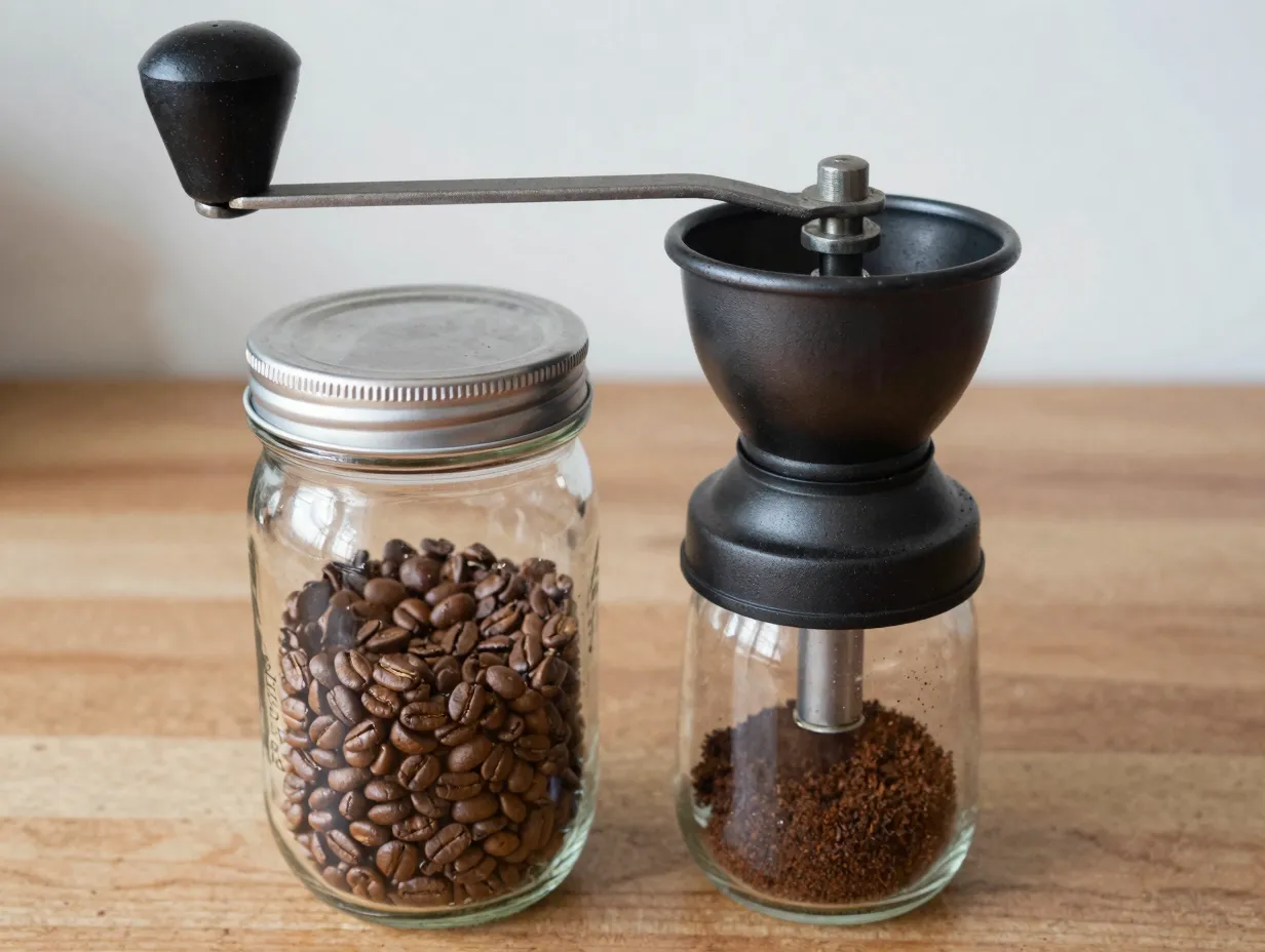 Hand crank coffee grinder mechanism mounted on quart mason jar