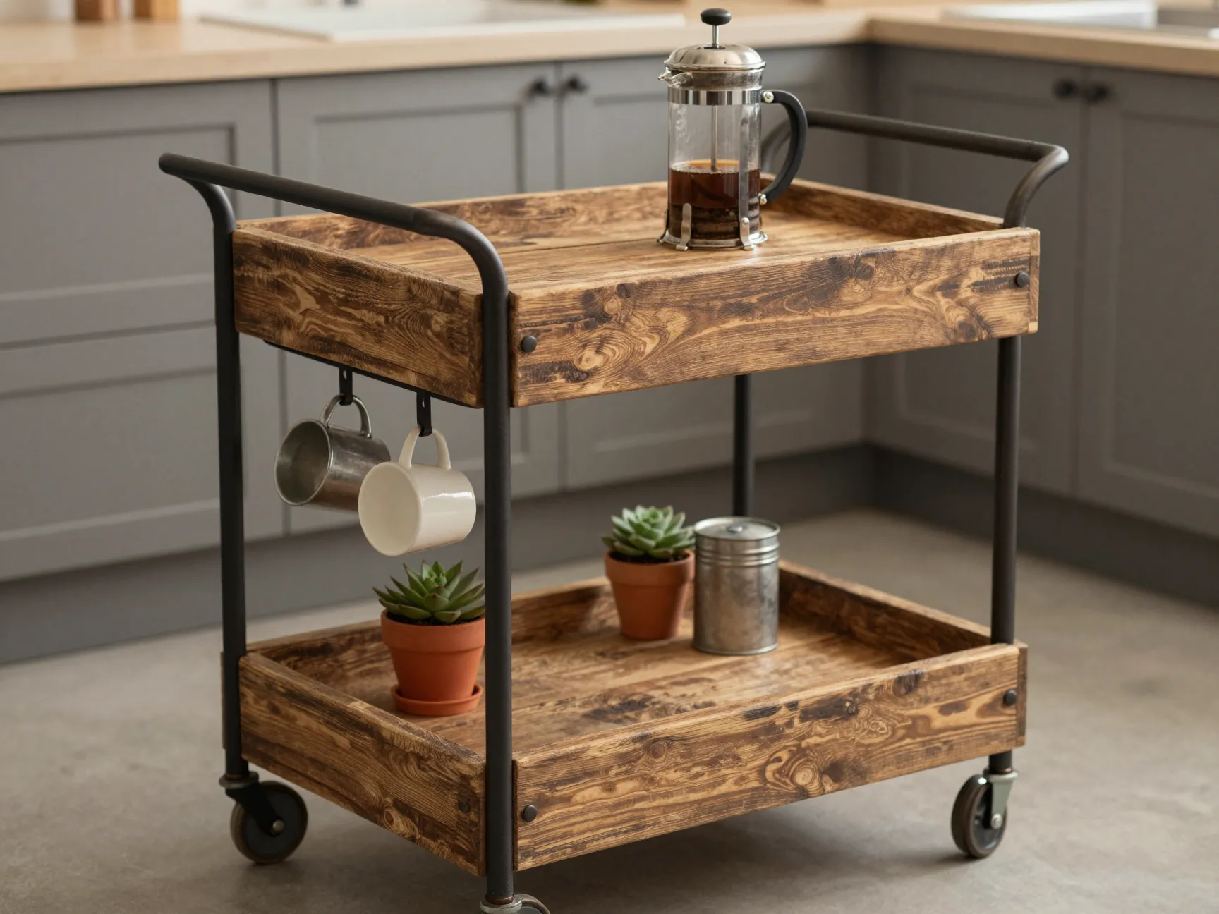 Reclaimed wood rolling cart coffee station with two tiers and metal wheels