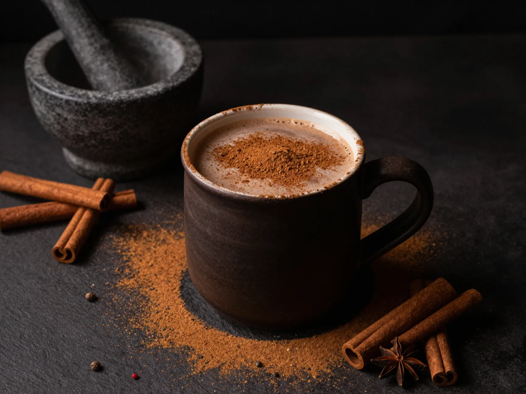 Spiced mexican mocha in mug with cinnamon dusted surface