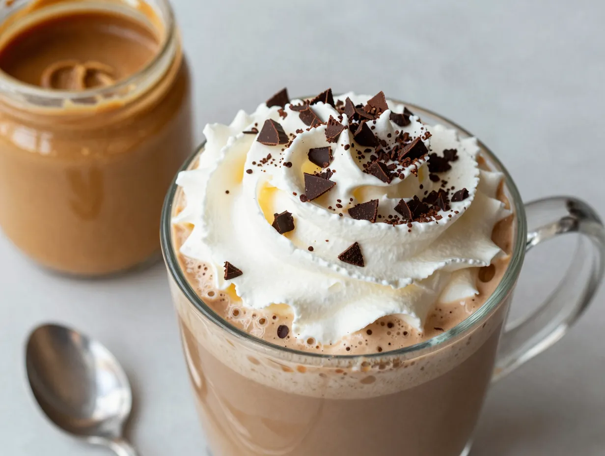 Peanut butter mocha with whipped cream and chocolate shavings
