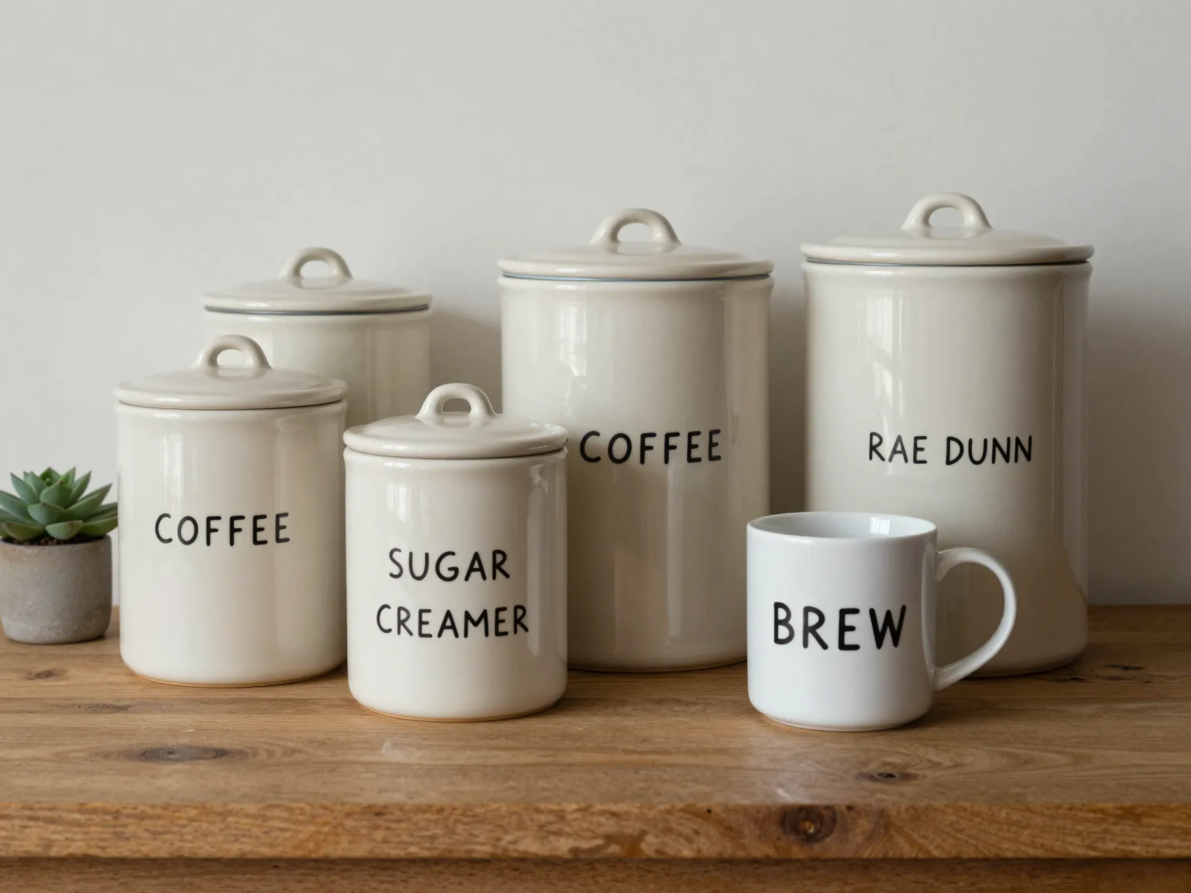 Rae dunn ceramics display on a wooden surface with three labeled canisters