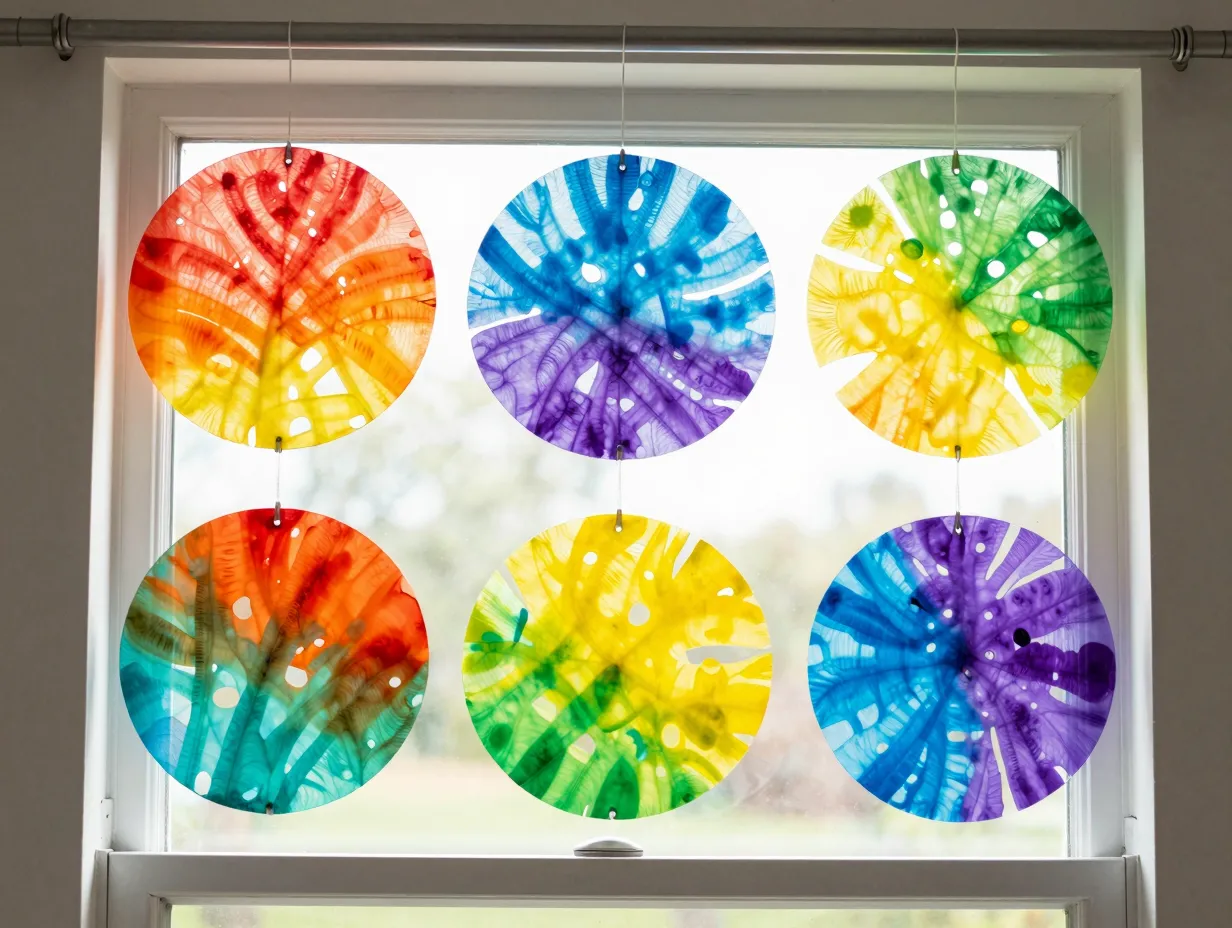 Vibrant colorful organic patterned coffee filter suncatchers hanging