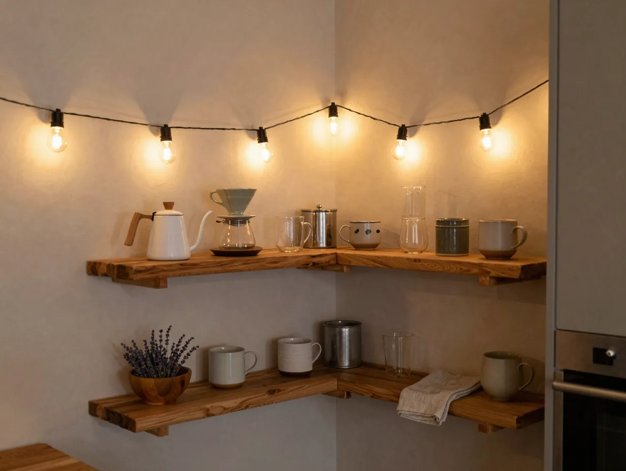 Corner coffee nook with layered natural textures and warm string lights