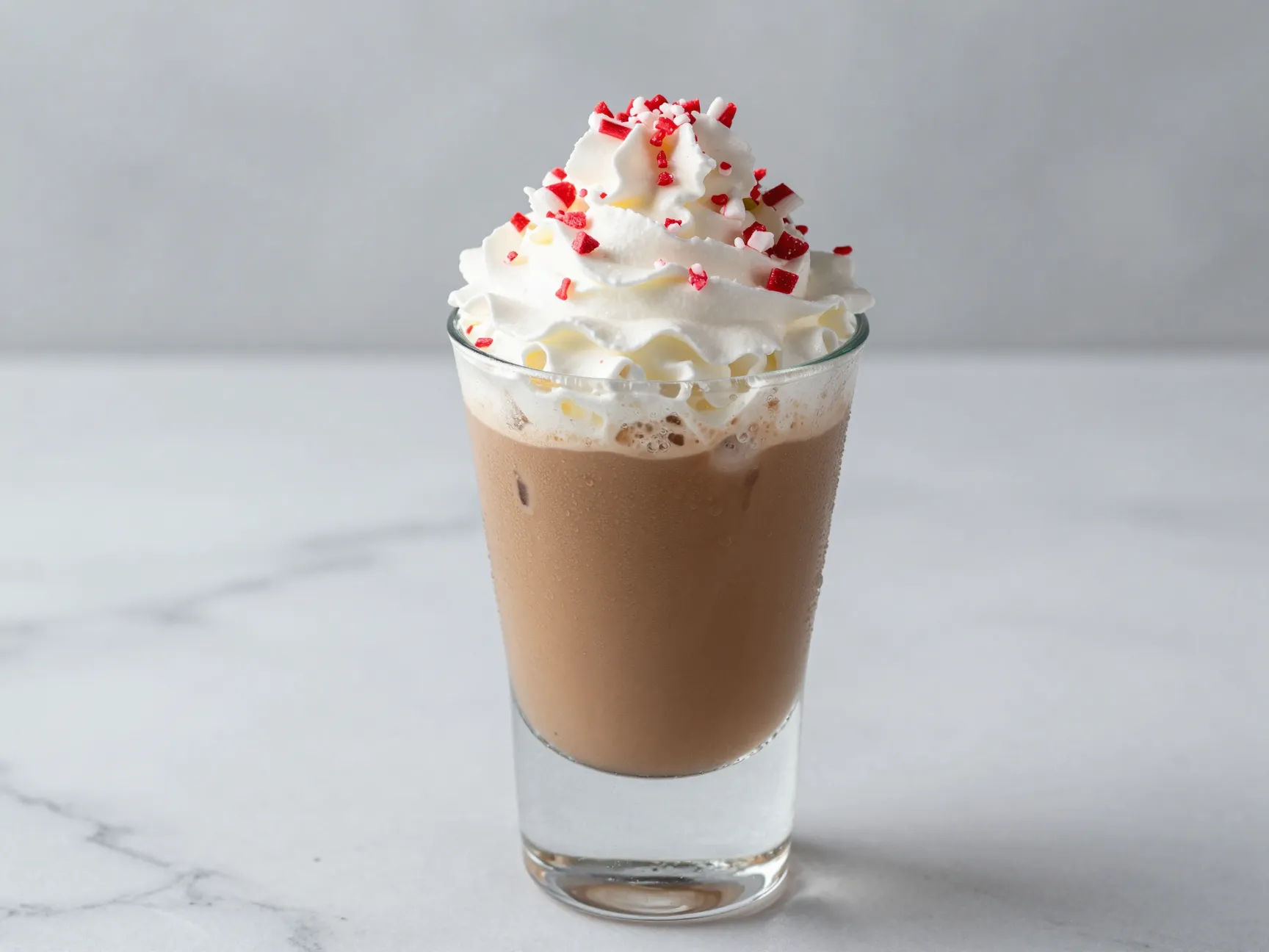 Frosty iced mint mocha with crushed peppermint candy garnish