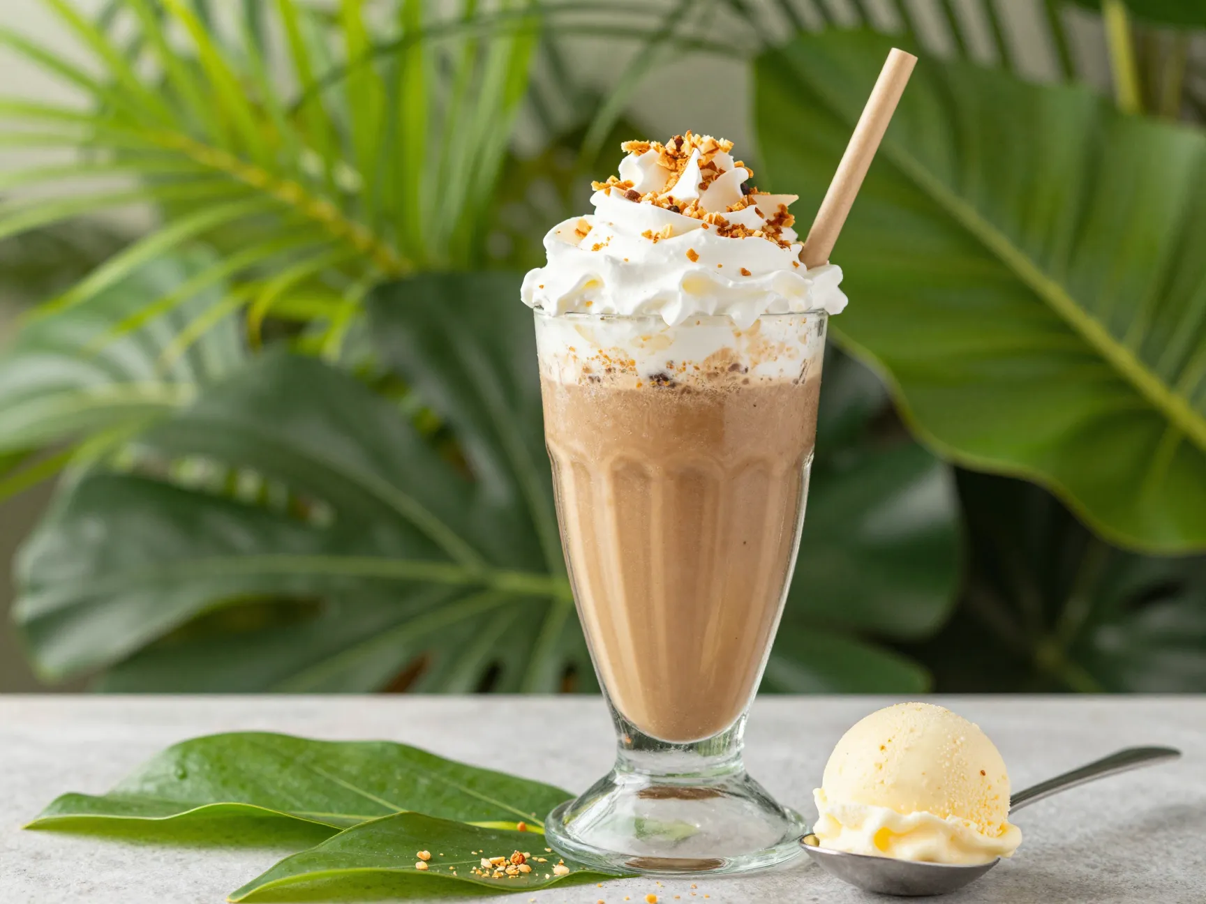 Blended tropical coconut mocha frappé with whipped cream