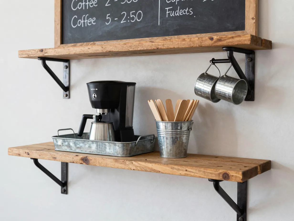 Chalkboard and galvanized metal coffee bar with black iron brackets