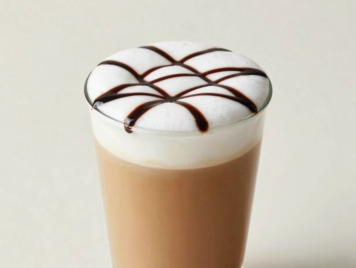 Coconutmilk mocha macchiato with coconut milk and mocha drizzle