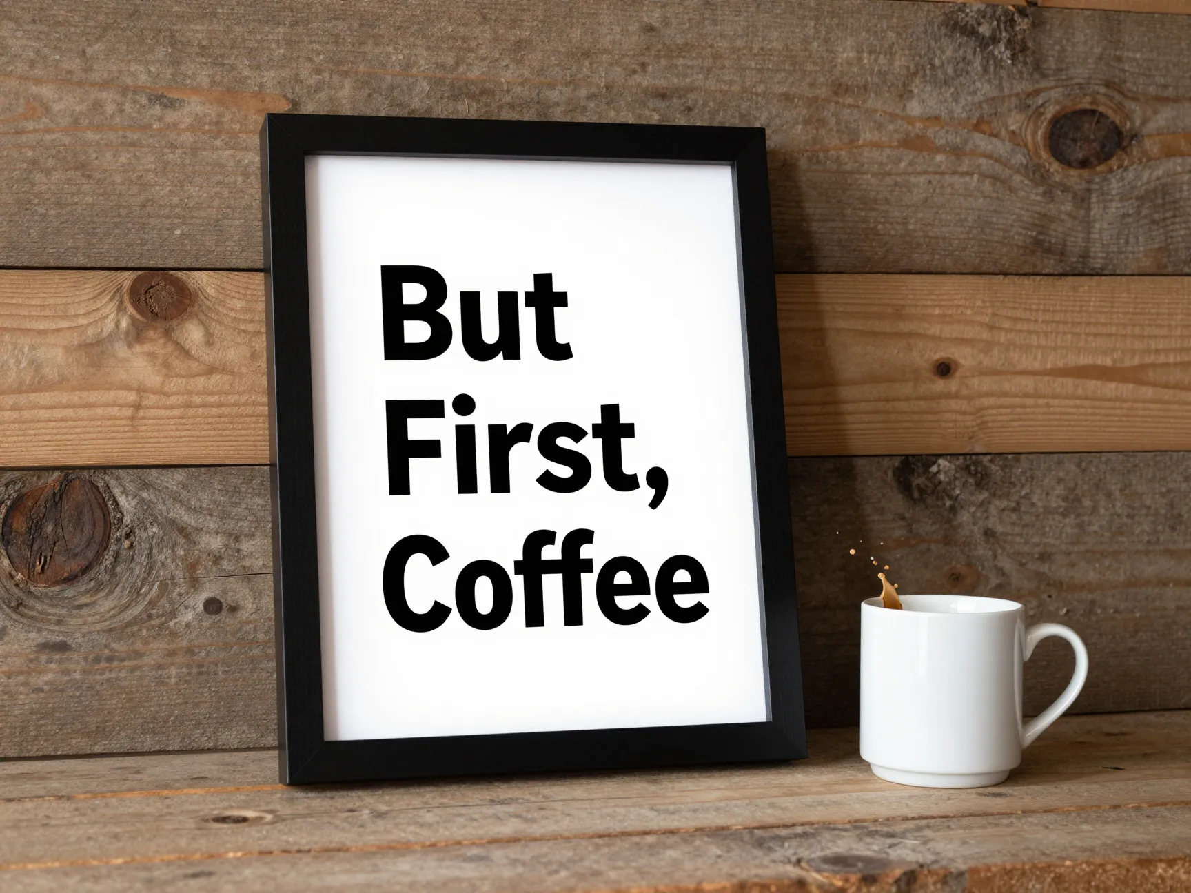 Framed but first coffee printable sign leaning on reclaimed wood