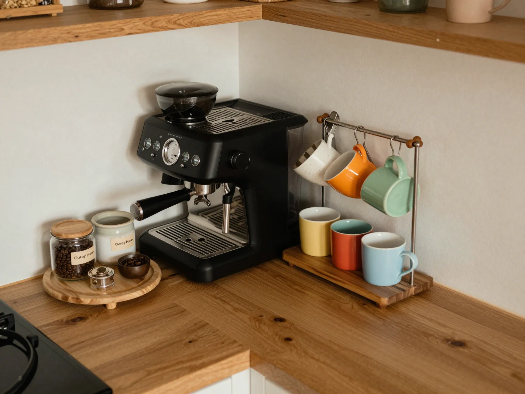 Corner countertop coffee station with mug rail and canisters