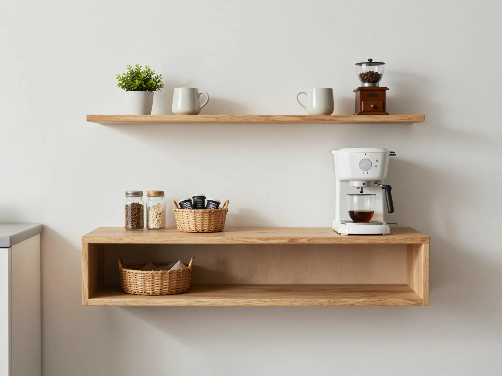 Floating shelf coffee bar with secondary shelf and basket