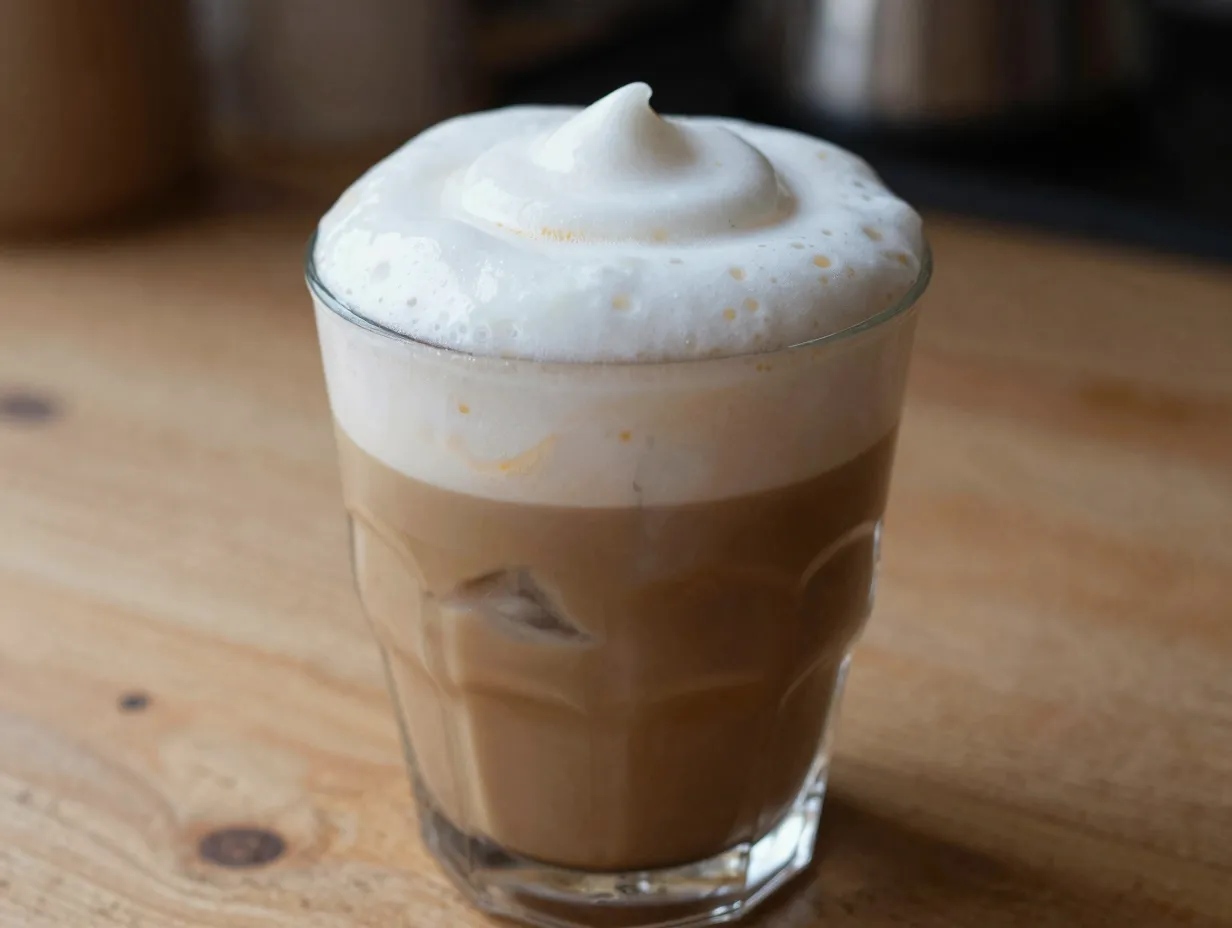 Frothy iced vanilla sweet cream latte with airy foam
