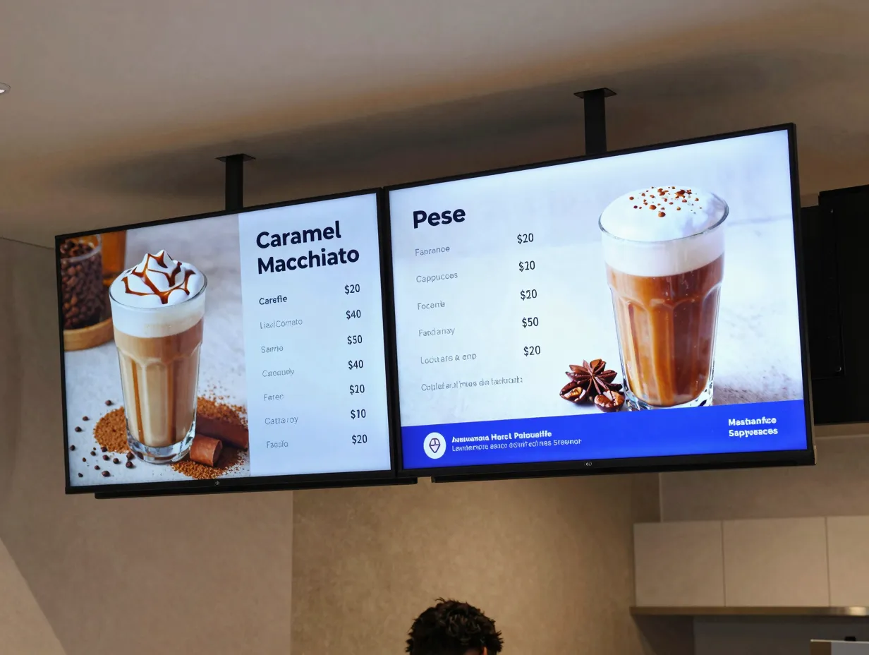 Sleek digital menu board displaying vibrant coffee drink images