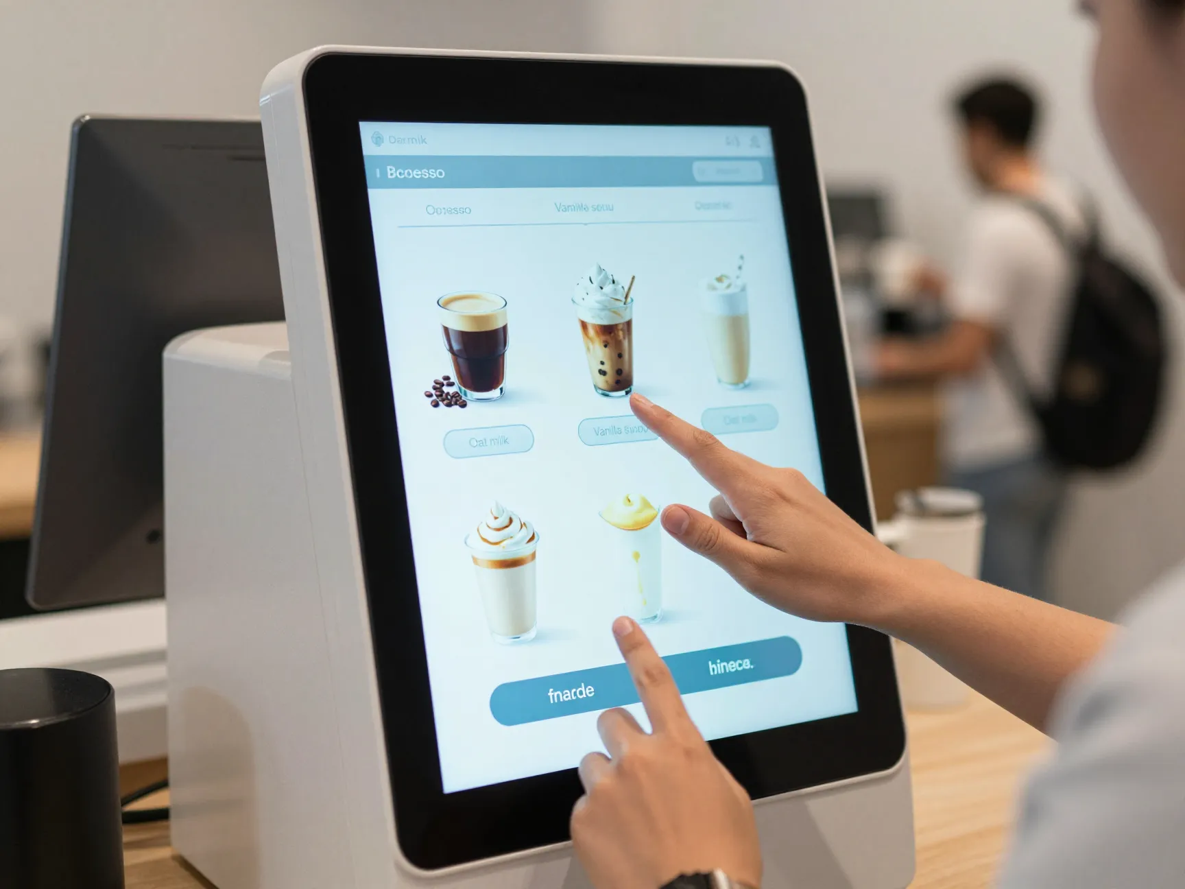Customer using interactive touchscreen to customize a coffee order