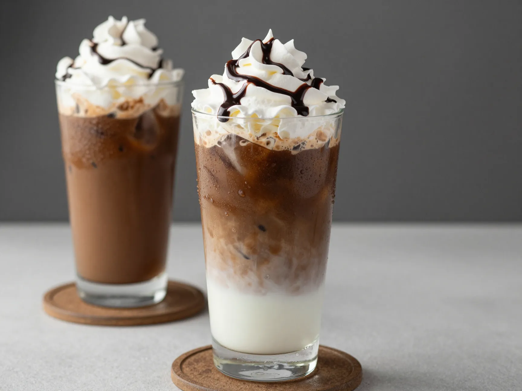 Iced caffe mocha in tall glass with whipped cream